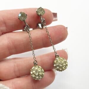 Vintage 1950s Pave Rhinestone Disco Ball Chain Drop Dangling Clip On Earrings